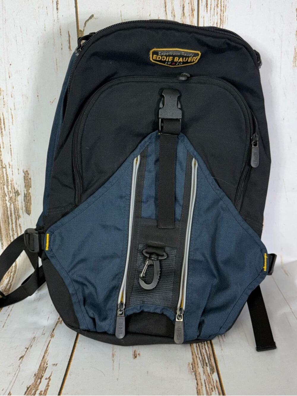 Eddie Bauer Black and Navy Travel Backpack Padded Straps. Good used condition!
